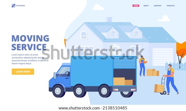 Delivery men moving\
boxes to a new house. Moving service, delivery service, relocation\
concept. Courier Flat vector illustration. Web site, landing page,\
banner, hero image.