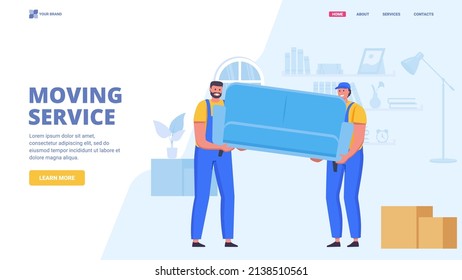 Delivery men moving sofa in room at new home. Moving service, delivery service concept. Courier Flat vector illustration. Web site, landing page, banner, hero image.