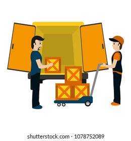 delivery men with packages and platform trolleys