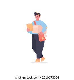 Hombres de entrega con buzón de paquetería. Trabajo de mensajería. Concepto de servicio de entrega. Ilustración vectorial para logotipo, diseño de banners o página de aterrizaje