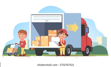 Delivery men person delivering & unloading cardboard boxes. Delivery truck service workers kids wheeling cart with packages, checking clipboard list. Transportation. Flat vector illustration