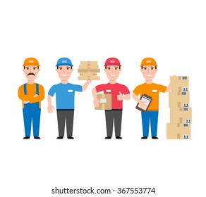 delivery men  set. delivery man with boxes postman with parcel isolated on white background