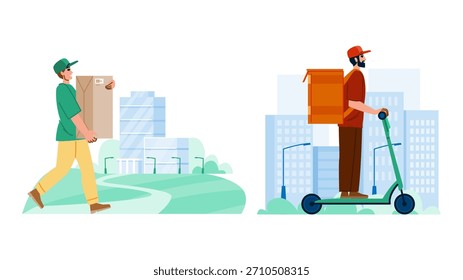 Delivery men are transporting packages and food orders. Illustrating urban logistics and express delivery solutions through walking and electric scooter transportation for e commerce and fast service