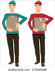 Delivery men. Vector. 
Couriers of delivery service with package and box. Consumer goods delivery.  Service concept. Vector white background isolated.