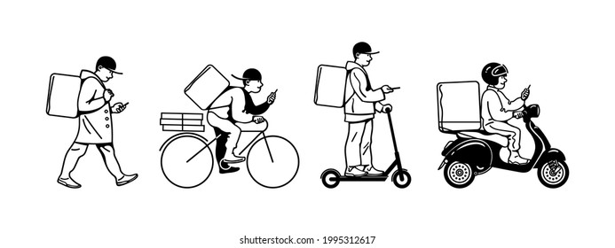 Delivery men walking, riding bicycle, electric scooter, motorbike. Couriers with parcel box checking order with smartphone. Online delivery service set Hand drawn black and white vector illustration.