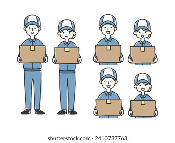 Delivery men and women holding cardboard boxes.
