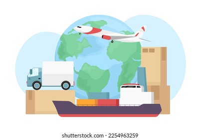 Delivery methods around world flat concept vector illustration. Editable 2D cartoon scene on white for web design. Ship, plane and van transporting creative idea for website, mobile, presentation