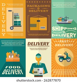 Delivery mini poster set with fast food packaging and shipping signs isolated vector illustration