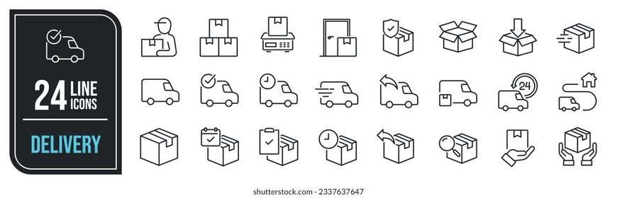 Delivery minimal thin line icons. Related van, package, unboxing, transport.  Vector illustration.