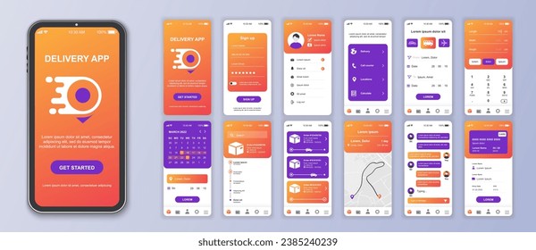 Delivery mobile app interface screens template set. Online account, courier shipping, parcel calculate, tracking order map, payment. Pack of UI, UX, GUI kit for application web layout. Vector design.