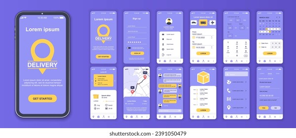 Delivery mobile app interface screens template set. Account login, ordering shipping, parcel calculate, tracking on map, client chat. Pack of UI, UX, GUI kit for application web layout. Vector design.