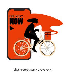 Delivery mobile app. Online delivery service concept, online order. Delivery home and office. Bicycle courier, delivery man in respiratory mask. Modern vector illustration.