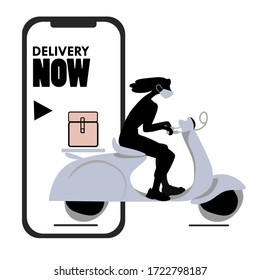 Delivery mobile app. Online delivery service concept, online order. Delivery home and office. Motorcycle,scooter  courier, delivery man in respiratory mask. Modern transportation vector illustration.