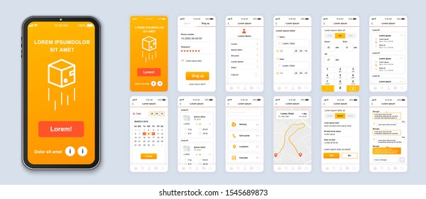 Bereitstellung von Vektor-Vorlagen für mobile App-Smartphone-Schnittstellen. Webseitendesign des Online-Paketversands. Pack of UI, UX, GUI Screens für die Anwendung. Telefonanzeige. Webdesign-Kit