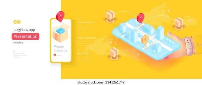 Bereitstellung mobiler Anwendungsvorlagen. Die Hand hält ein Smartphone. Liefermanagement. globales Navigationssystem. Geotags auf der Karte. Isometrische Vektorgrafik-Isometrie im 3D-Stil