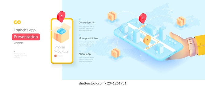 Delivery mobile application template. The hand is holding a smartphone. Delivery management. global navigation system. Geotags on the map. Isometric vector illustration isometry 3d style