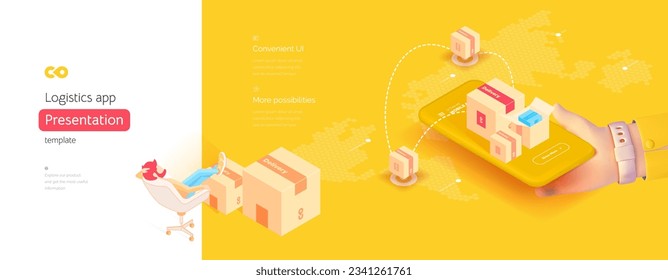 Plantilla de aplicación móvil de entrega. La mano está sosteniendo un smartphone. Administración de entregas. sistema de navegación global. Geotags en el mapa. Isometría vectorial isométrica estilo 3d