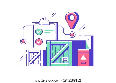 Delivery with modern moving boxes with success tablet document. Concept urban truck shipment service using digital map pointing and checklist. Vector illustration.