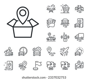 Delivery monitoring sign. Plane, supply chain and place location outline icons. Package tracking line icon. Shipping box location symbol. Package location line sign. Vector