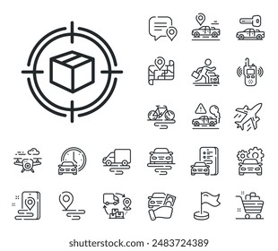 Delivery monitoring sign. Plane, supply chain and place location outline icons. Parcel tracking line icon. Shipping box in target symbol. Parcel tracking line sign. Vector