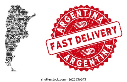 Delivery mosaic Argentina map and distressed stamp watermark with FAST DELIVERY text. Argentina map collage formed with grey scattered delivery symbols.