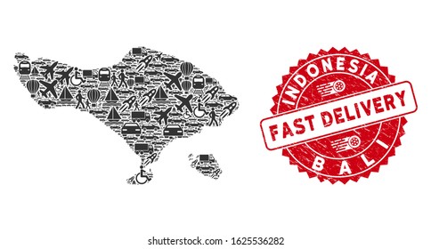 Delivery mosaic Bali map and rubber stamp seal with FAST DELIVERY words. Bali map collage composed with grey random logistics items. Red round FAST DELIVERY seal stamp with unclean texture.