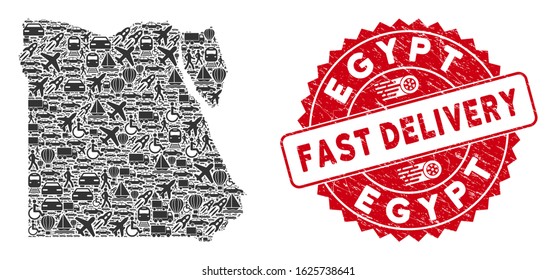 Delivery mosaic Egypt map and corroded stamp seal with FAST DELIVERY badge. Egypt map collage formed with gray scattered delivery symbols. Red rounded FAST DELIVERY seal with grunge texture.