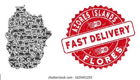 Delivery mosaic Flores Island of Azores map and distressed stamp seal with FAST DELIVERY badge. Flores Island of Azores map collage composed with gray random shipment elements.