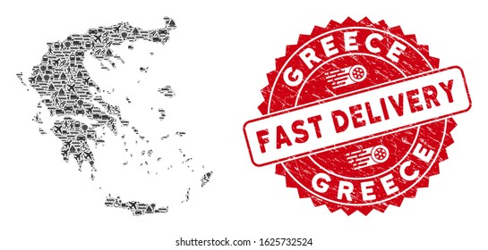 Delivery mosaic Greece map and grunge stamp watermark with FAST DELIVERY message. Greece map collage composed with gray random vehicle items. Red rounded FAST DELIVERY watermark with dirty texture.