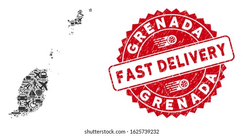 Delivery mosaic Grenada map and distressed stamp seal with FAST DELIVERY words. Grenada map collage constructed with grey scattered delivery icons. Red round FAST DELIVERY stamp with unclean texture.