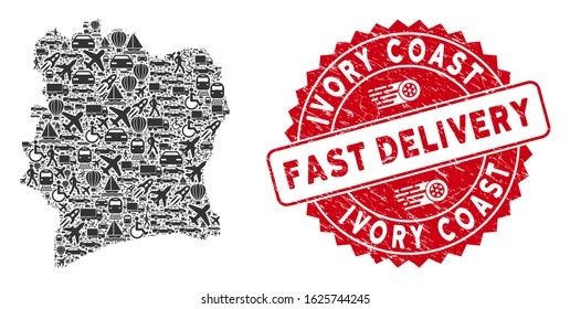 Delivery mosaic Ivory Coast map and grunge stamp watermark with FAST DELIVERY text. Ivory Coast map collage constructed with gray randomized transport symbols.