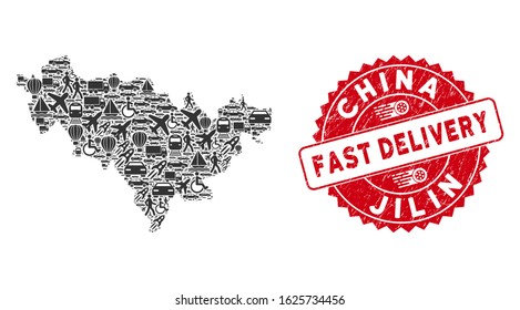 Delivery mosaic Jilin Province map and distressed stamp seal with FAST DELIVERY message. Jilin Province map collage created with grey random shipping items.