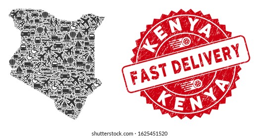 Delivery mosaic Kenya map and distressed stamp seal with FAST DELIVERY words. Kenya map collage formed with gray random transportation items. Red round FAST DELIVERY seal stamp with distress texture.