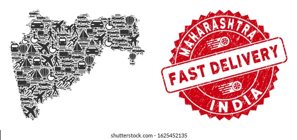 Delivery mosaic Maharashtra State map and rubber stamp watermark with FAST DELIVERY caption. Maharashtra State map collage designed with gray scattered deliver elements.