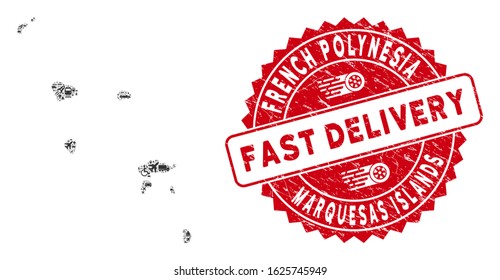 Delivery mosaic Marquesas Islands map and corroded stamp seal with FAST DELIVERY caption. Marquesas Islands map collage created with grey randomized shipping items.