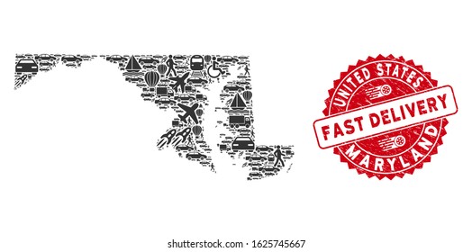 Delivery mosaic Maryland State map and corroded stamp seal with FAST DELIVERY message. Maryland State map collage formed with gray randomized automobile icons.