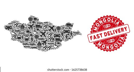 Delivery mosaic Mongolia map and rubber stamp seal with FAST DELIVERY text. Mongolia map collage constructed with grey random car elements. Red round FAST DELIVERY seal stamp with grunge texture.