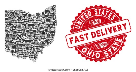 Delivery mosaic Ohio State map and distressed stamp seal with FAST DELIVERY text. Ohio State map collage composed with gray randomized deliver items.