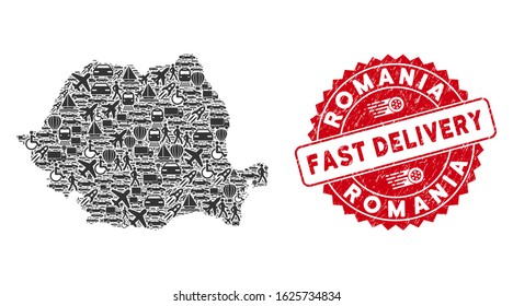 Delivery mosaic Romania map and rubber stamp seal with FAST DELIVERY badge. Romania map collage composed with gray randomized automobile elements.