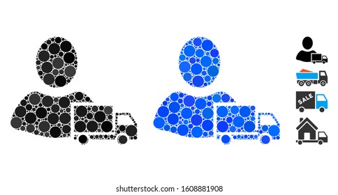 Delivery mosaic of round dots in various sizes and shades, based on delivery icon. Vector round dots are organized into blue collage. Dotted delivery icon in usual and blue versions.