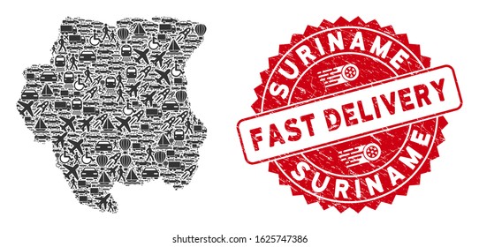 Delivery mosaic Suriname map and rubber stamp seal with FAST DELIVERY text. Suriname map collage designed with grey scattered travel items. Red round FAST DELIVERY seal stamp with unclean texture.