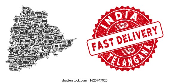 Delivery mosaic Telangana State map and grunge stamp seal with FAST DELIVERY badge. Telangana State map collage created with grey randomized transport items.
