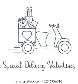 Delivery motorbike. Special delivery valentines. Happy Valentine's Day. Romantic background.