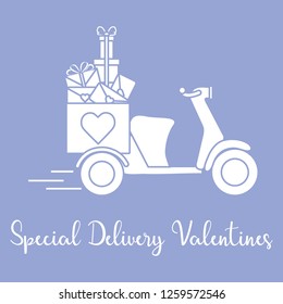 Delivery motorbike. Special delivery valentines. Happy Valentine's Day. Romantic background.