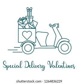 Delivery motorbike. Special delivery valentines. Happy Valentine's Day. Romantic background.