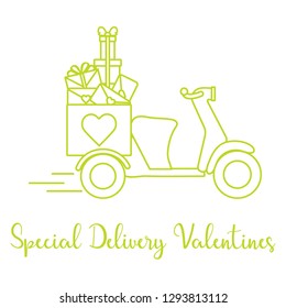 Delivery motorbike. Special delivery valentines. Happy Valentine's Day. Romantic background.