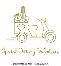 Delivery motorbike. Special delivery valentines. Happy Valentine's Day. Romantic background.