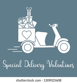 Delivery motorbike. Special delivery valentines. Happy Valentine's Day. Romantic background.