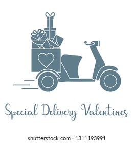 Delivery motorbike. Special delivery valentines. Happy Valentine's Day. Romantic background.