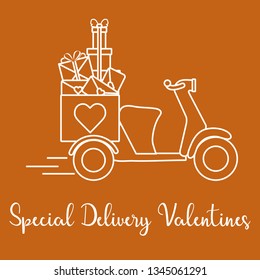Delivery motorbike. Special delivery valentines. Happy Valentine's Day. Romantic background.